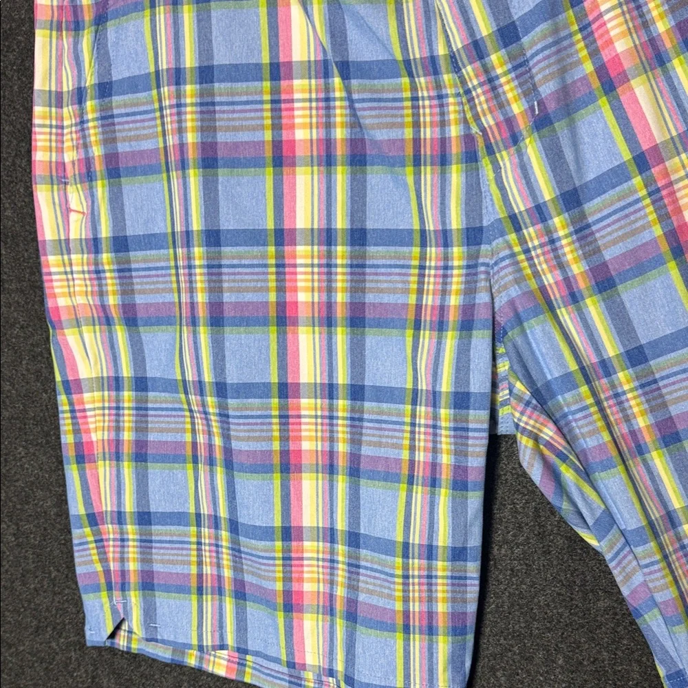 Tommy Bahama Mens Plaid Shorts Blue Pink Yellow 36x9 Marlin Logo Flat Front
